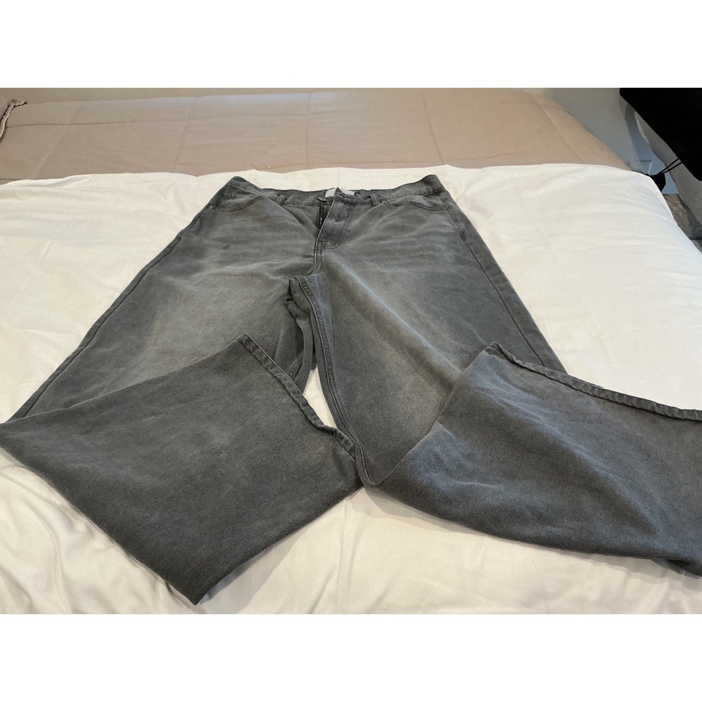 Scuffers Co Grey Wide Leg Jeans Green Star Embroidery Mens Size 42 (34 Waist)